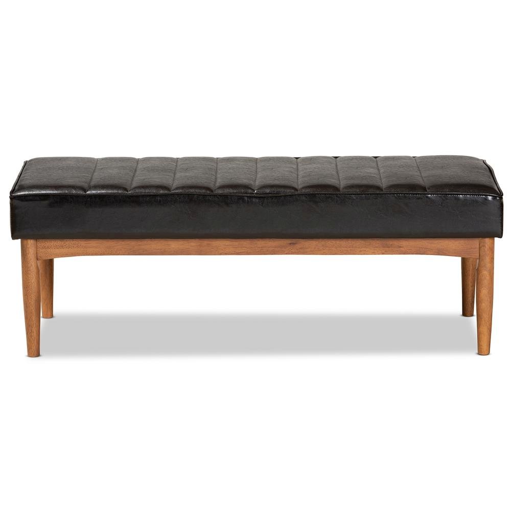 Leather Upholstered and Walnut Brown Finished Wood Dining Bench. Picture 9
