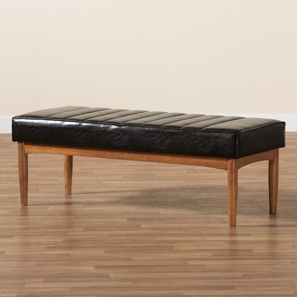 Leather Upholstered and Walnut Brown Finished Wood Dining Bench. Picture 13