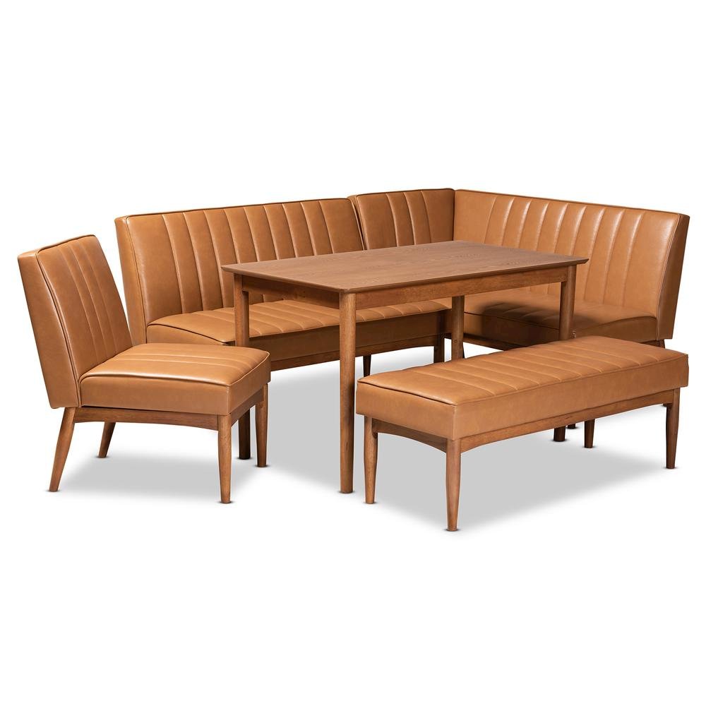 Leather Upholstered and Walnut Brown Finished Wood 5-Piece Dining Nook Set. Picture 13