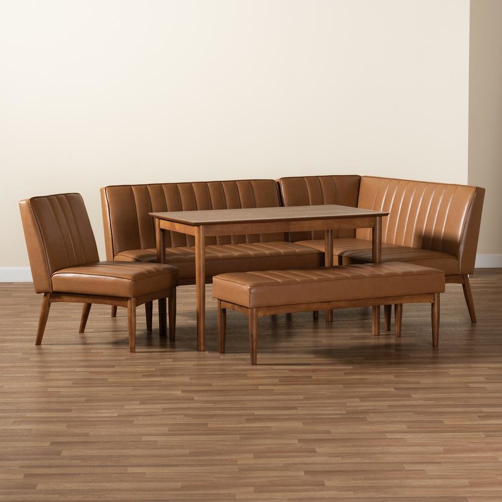 Leather Upholstered and Walnut Brown Finished Wood 5-Piece Dining Nook Set. Picture 23