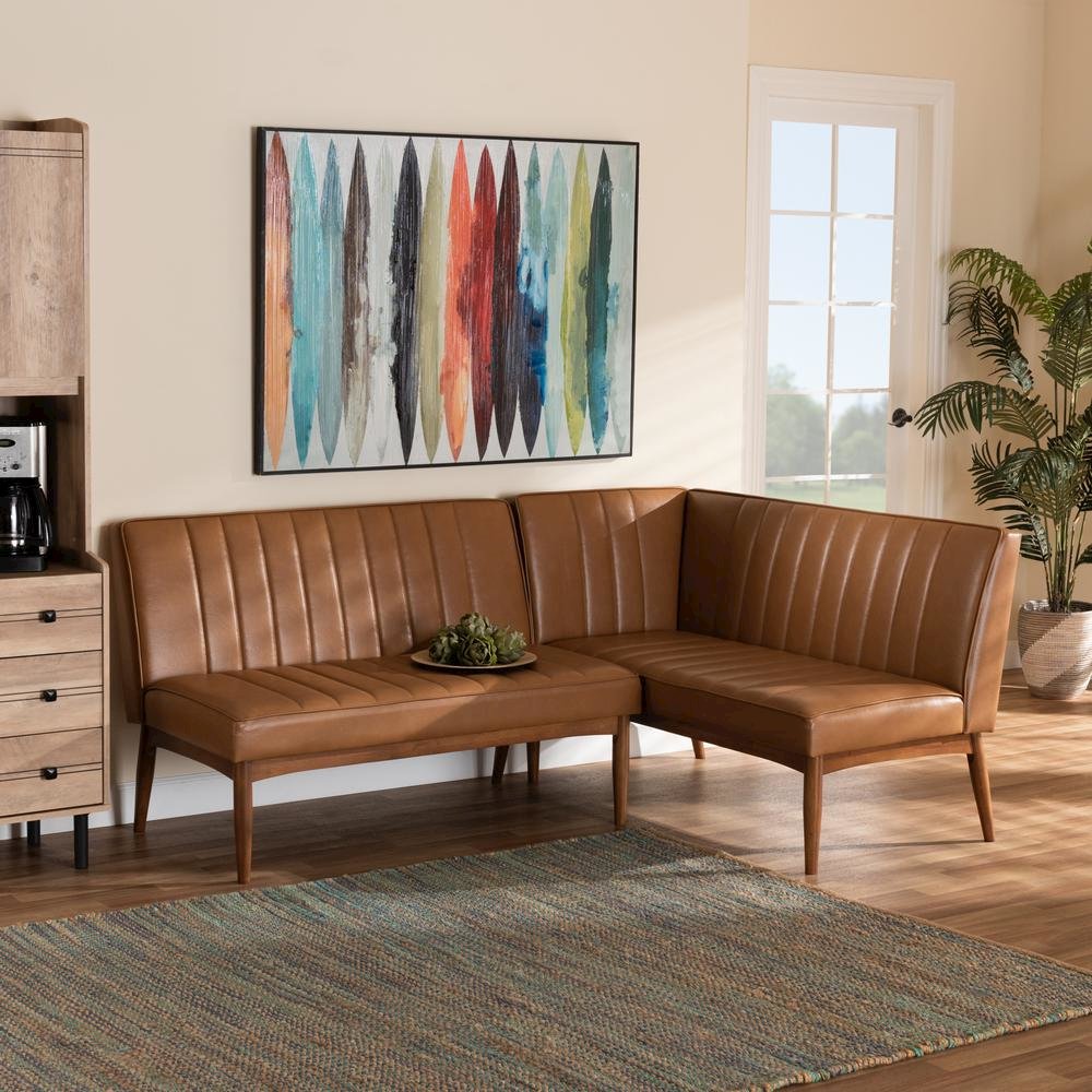 Leather Upholstered Walnut Brown Finished Wood 2-Piece Dining Nook Banquette Set. Picture 14
