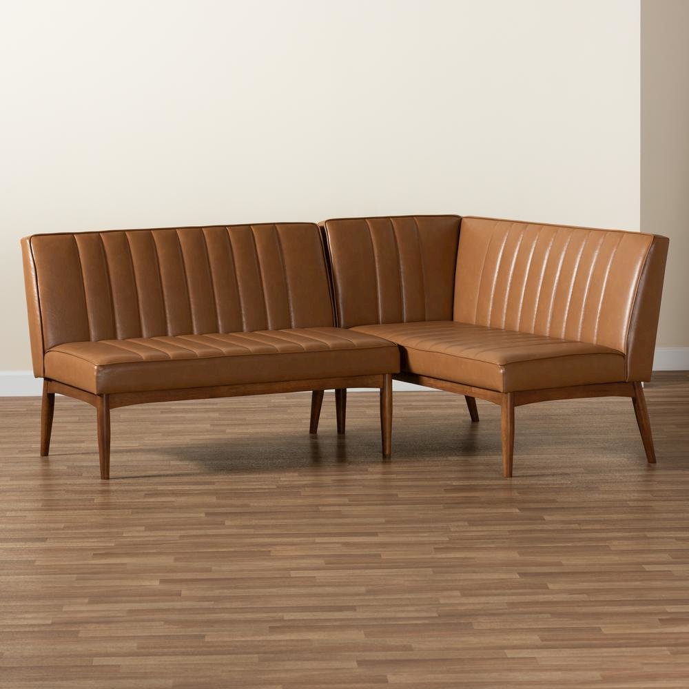 Leather Upholstered Walnut Brown Finished Wood 2-Piece Dining Nook Banquette Set. Picture 15