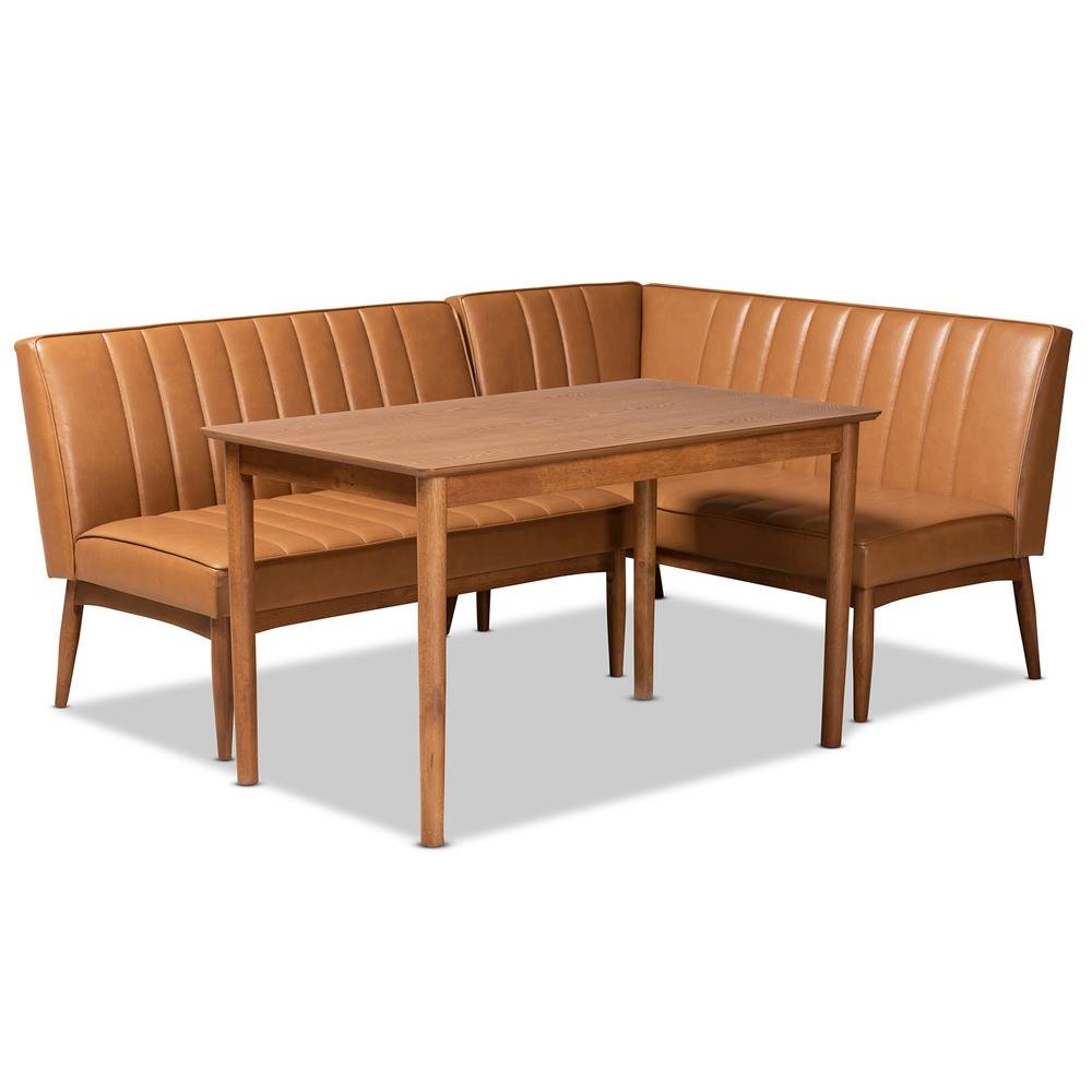Leather Upholstered and Walnut Brown Finished Wood 3-Piece Dining Nook Set. Picture 11