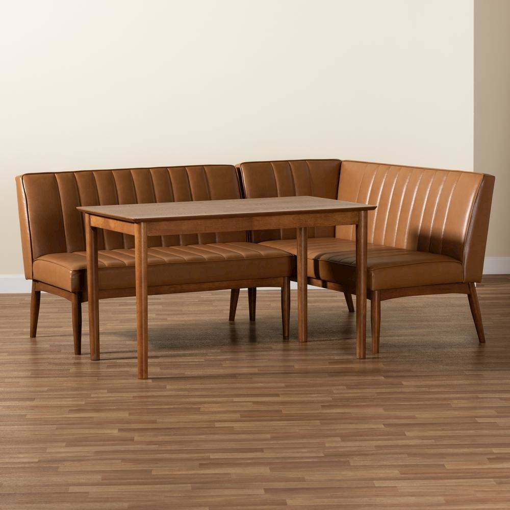 Leather Upholstered and Walnut Brown Finished Wood 3-Piece Dining Nook Set. Picture 19