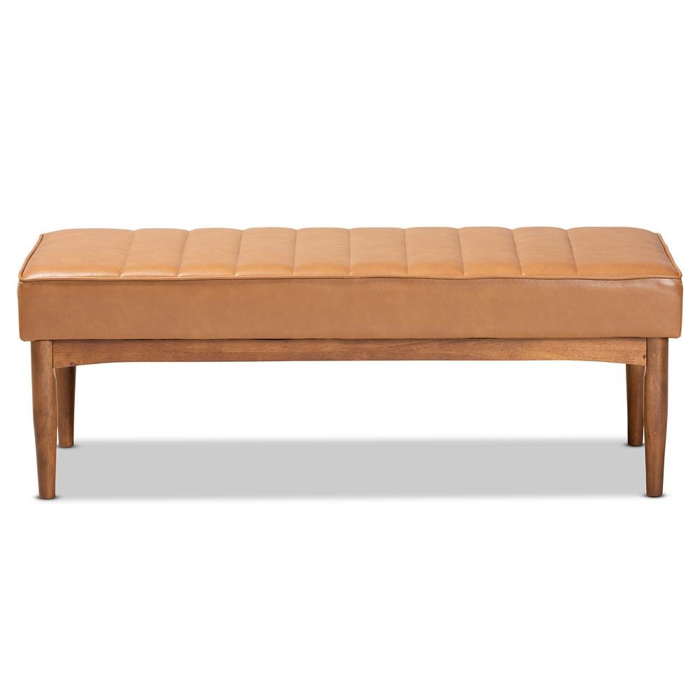 Leather Upholstered and Walnut Brown Finished Wood Dining Bench. Picture 9