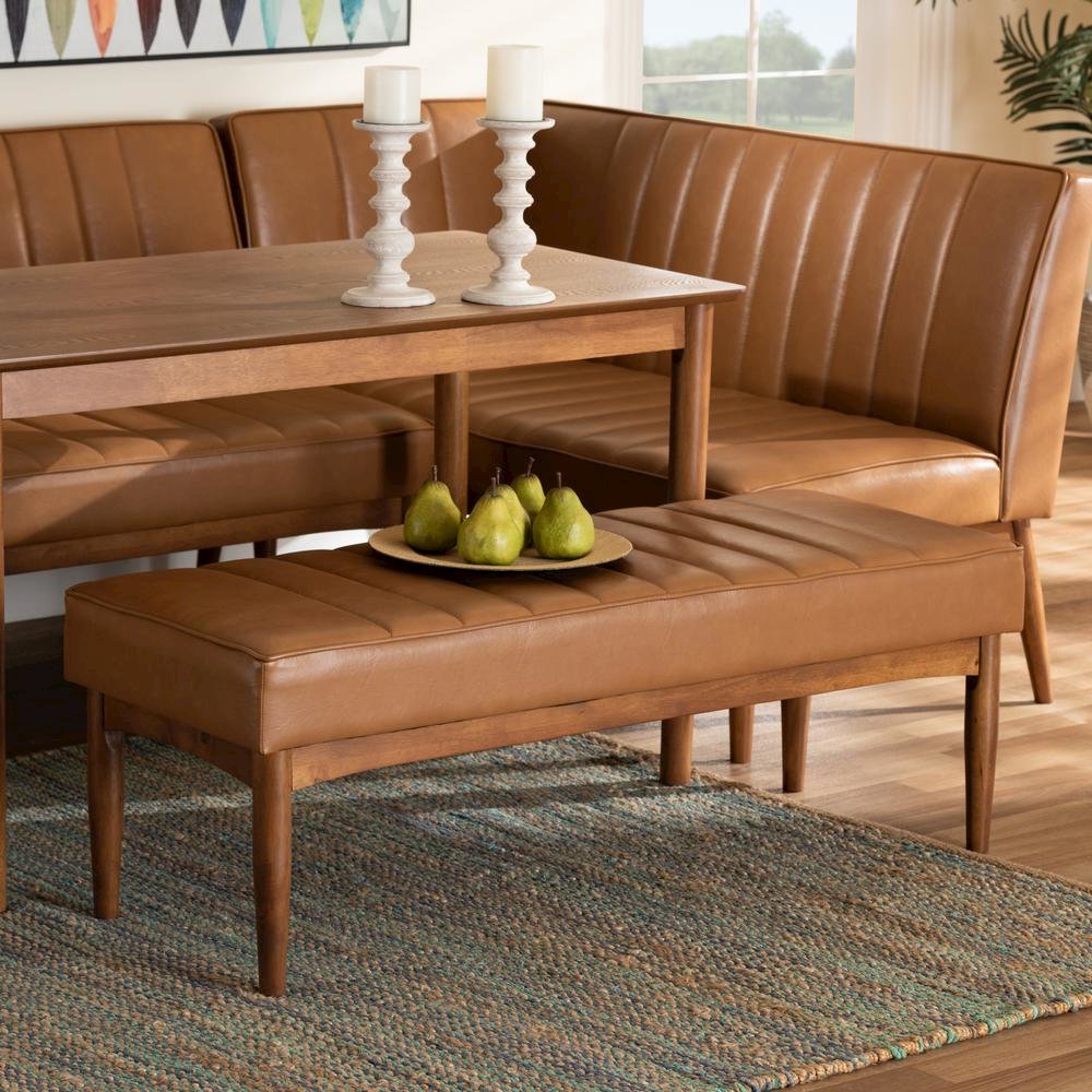 Leather Upholstered and Walnut Brown Finished Wood Dining Bench. Picture 12