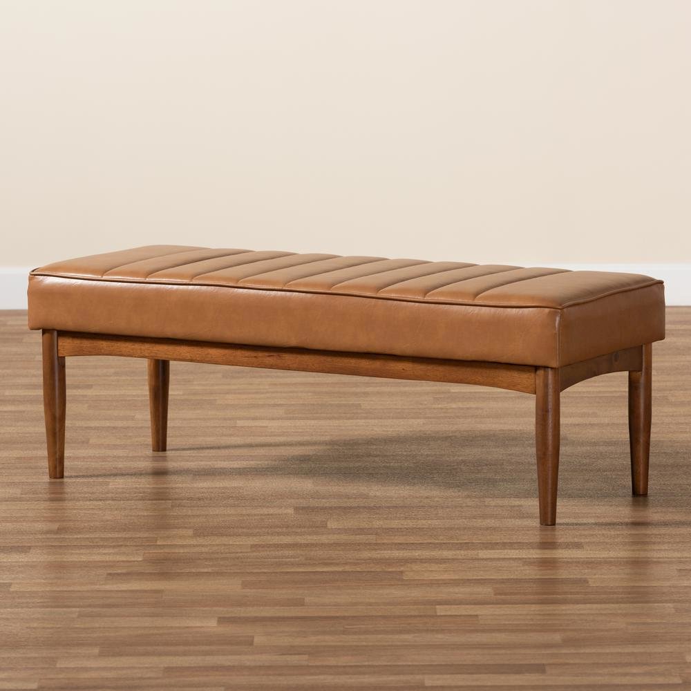 Leather Upholstered and Walnut Brown Finished Wood Dining Bench. Picture 13