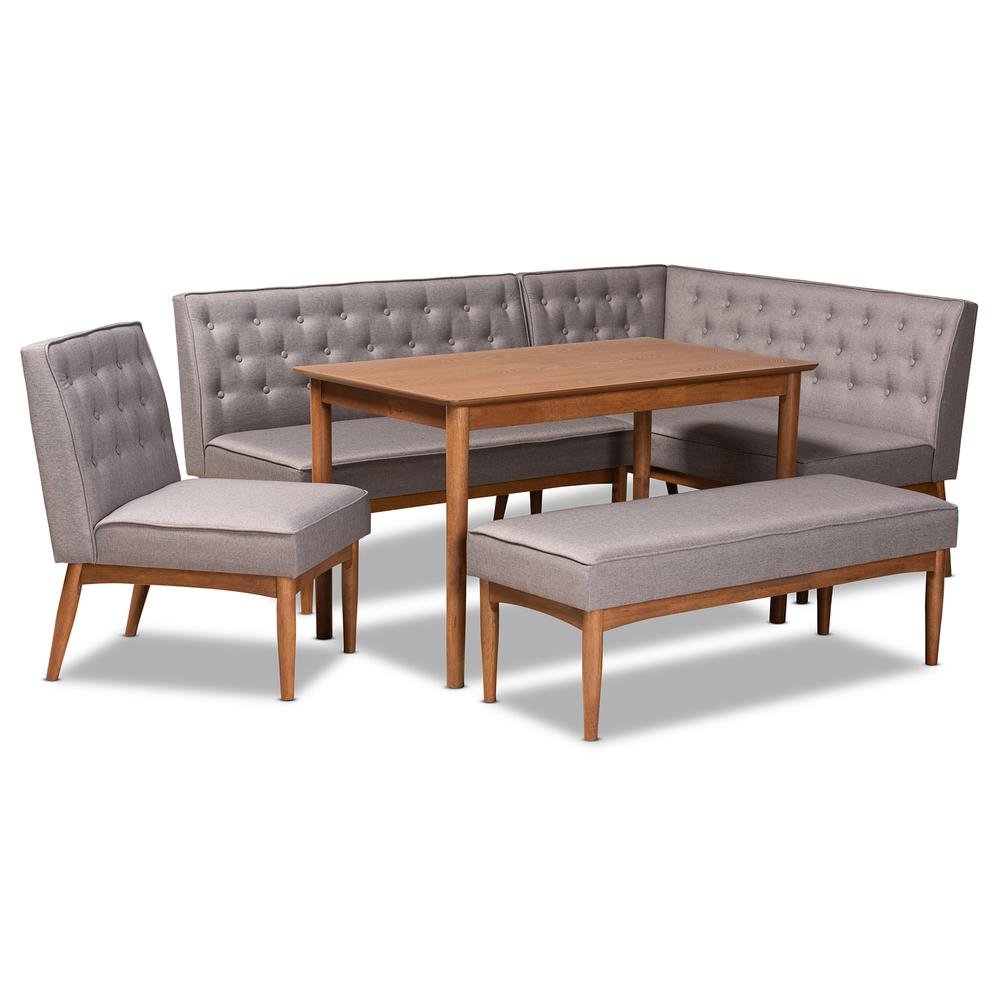 Grey Fabric Upholstered and Walnut Brown Finished Wood 5-Piece Dining Nook Set. Picture 13