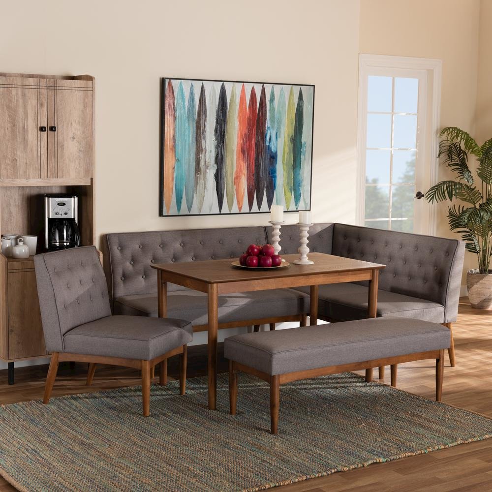 Grey Fabric Upholstered and Walnut Brown Finished Wood 5-Piece Dining Nook Set. Picture 22