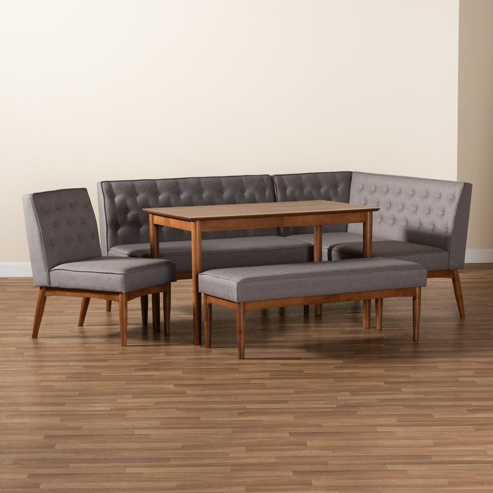 Grey Fabric Upholstered and Walnut Brown Finished Wood 5-Piece Dining Nook Set. Picture 23