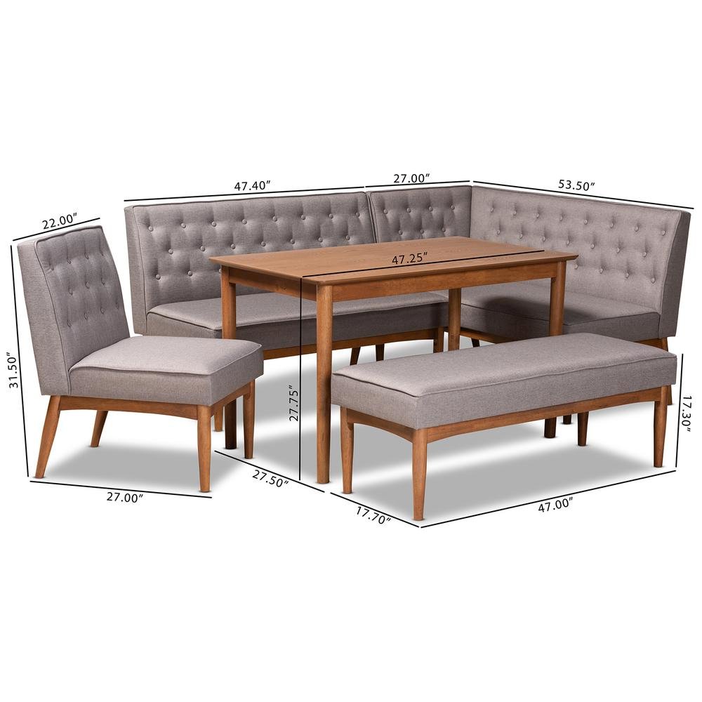 Grey Fabric Upholstered and Walnut Brown Finished Wood 5-Piece Dining Nook Set. Picture 24