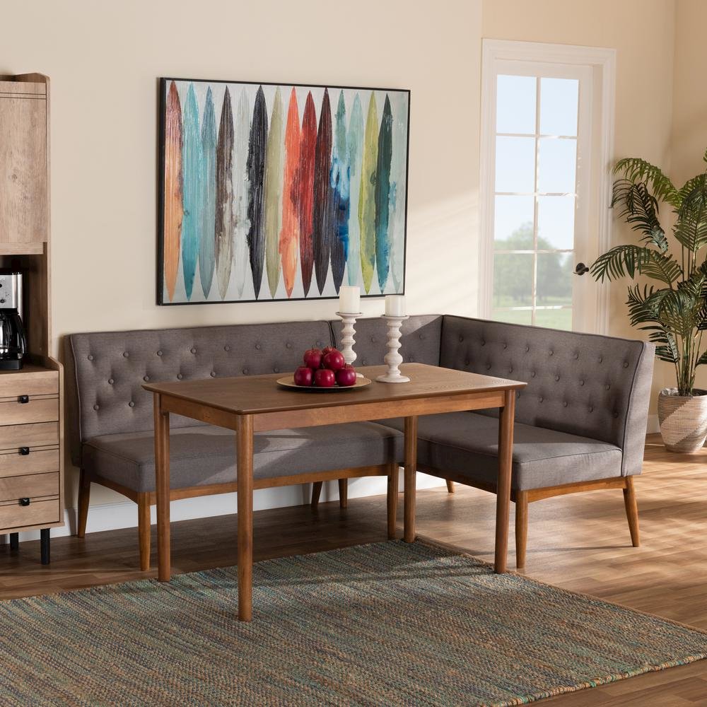 Grey Fabric Upholstered and Walnut Brown Finished Wood 3-Piece Dining Nook Set. Picture 18