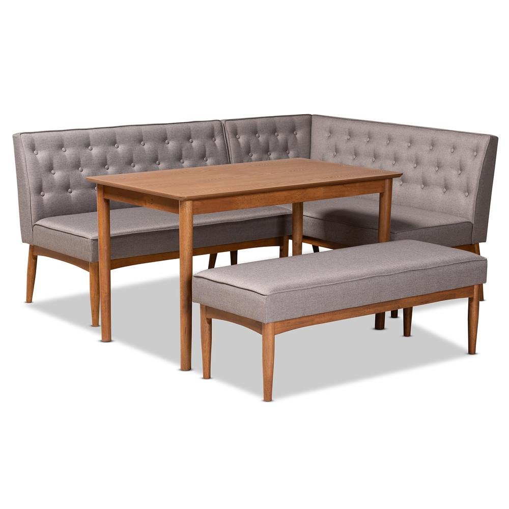 Grey Fabric Upholstered and Walnut Brown Finished Wood 4-Piece Dining Nook Set. Picture 12