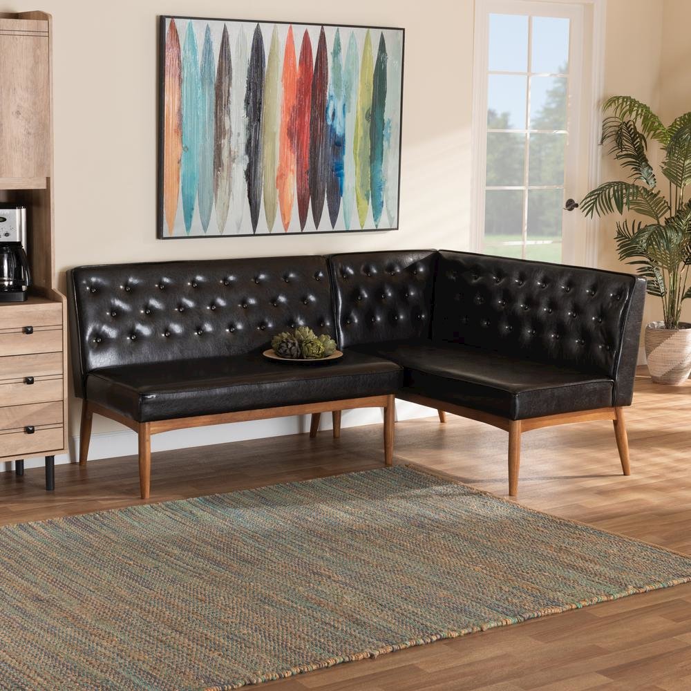 Leather Upholstered Walnut Brown Finished Wood 2-Piece Dining Nook Banquette Set. Picture 14