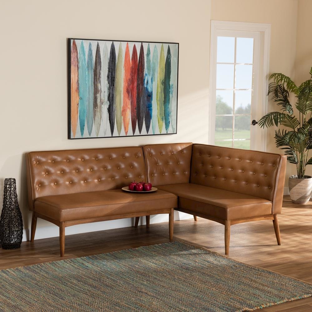 Leather Upholstered Walnut Brown Finished Wood 2-Piece Dining Nook Banquette Set. Picture 14
