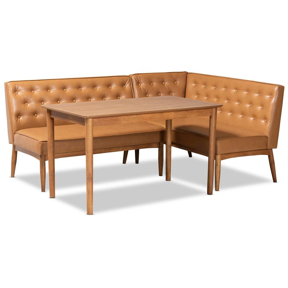 Leather Upholstered and Walnut Brown Finished Wood 3-Piece Dining Nook Set. Picture 11