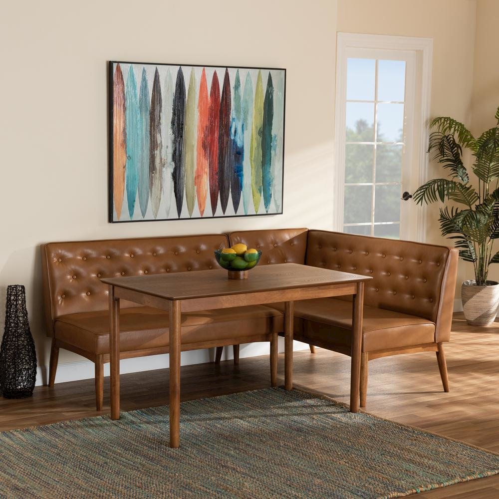 Leather Upholstered and Walnut Brown Finished Wood 3-Piece Dining Nook Set. Picture 18