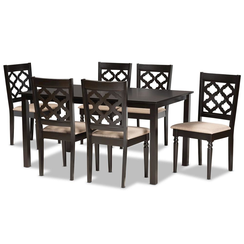 Sand Fabric Upholstered and Dark Brown Finished Wood 7-Piece Dining Set. Picture 10