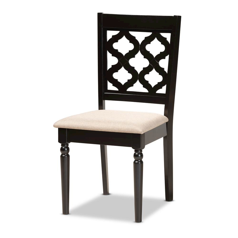 Sand Fabric Upholstered and Dark Brown Finished Wood 7-Piece Dining Set. Picture 11