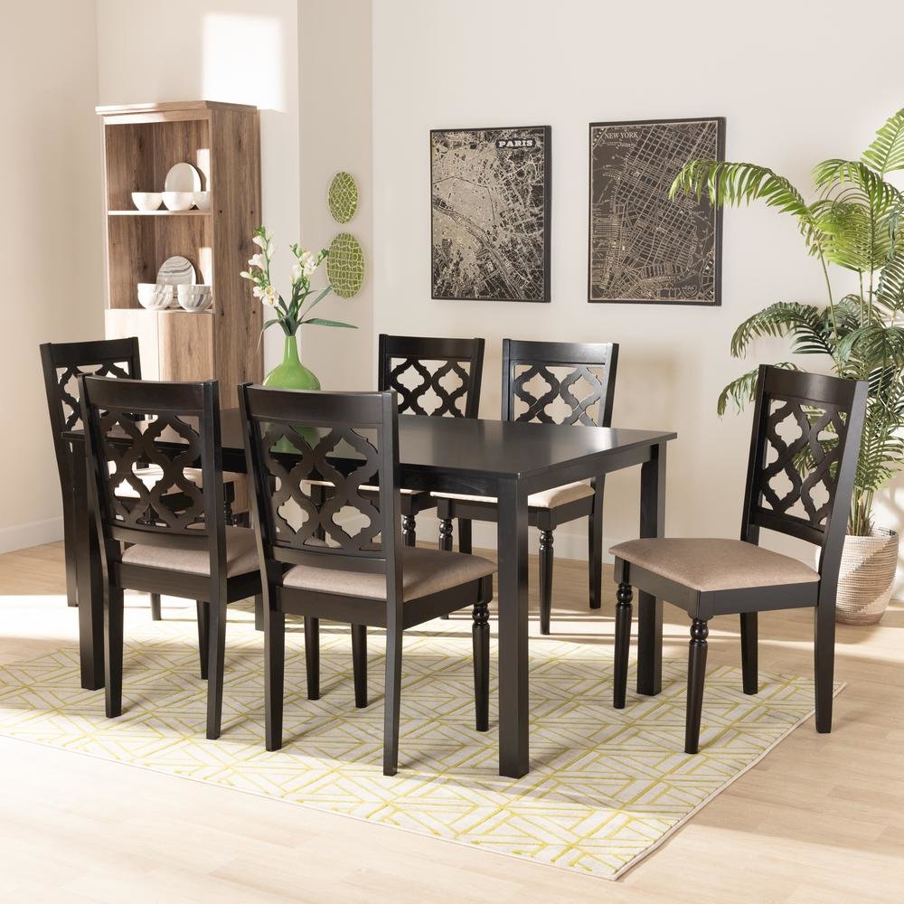 Sand Fabric Upholstered and Dark Brown Finished Wood 7-Piece Dining Set. Picture 16