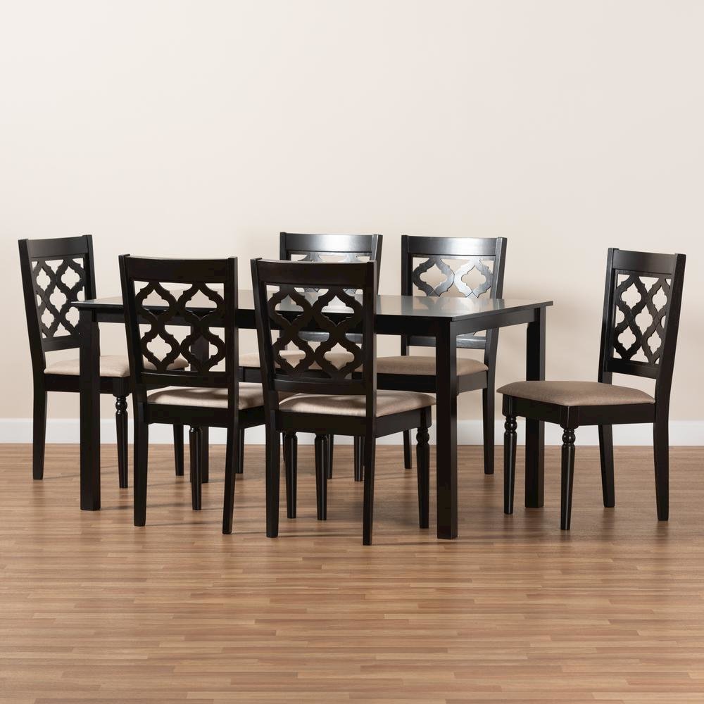 Sand Fabric Upholstered and Dark Brown Finished Wood 7-Piece Dining Set. Picture 17