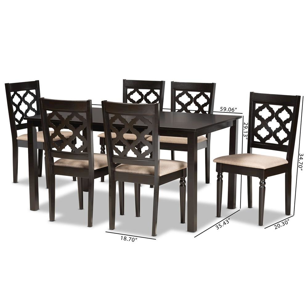 Sand Fabric Upholstered and Dark Brown Finished Wood 7-Piece Dining Set. Picture 18