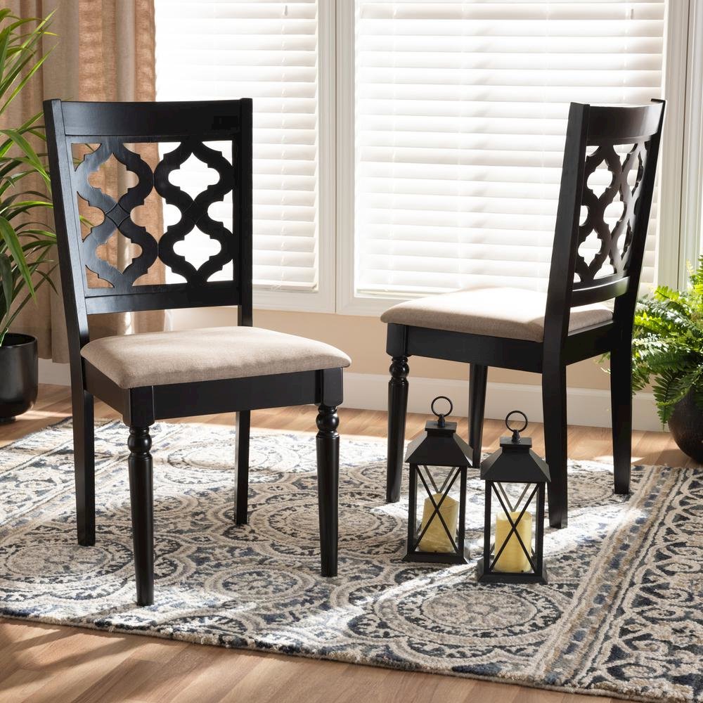 Sand Fabric Upholstered and Dark Brown Finished Wood 2-Piece Dining Chair Set. Picture 14