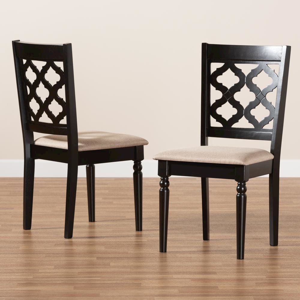 Sand Fabric Upholstered and Dark Brown Finished Wood 2-Piece Dining Chair Set. Picture 15