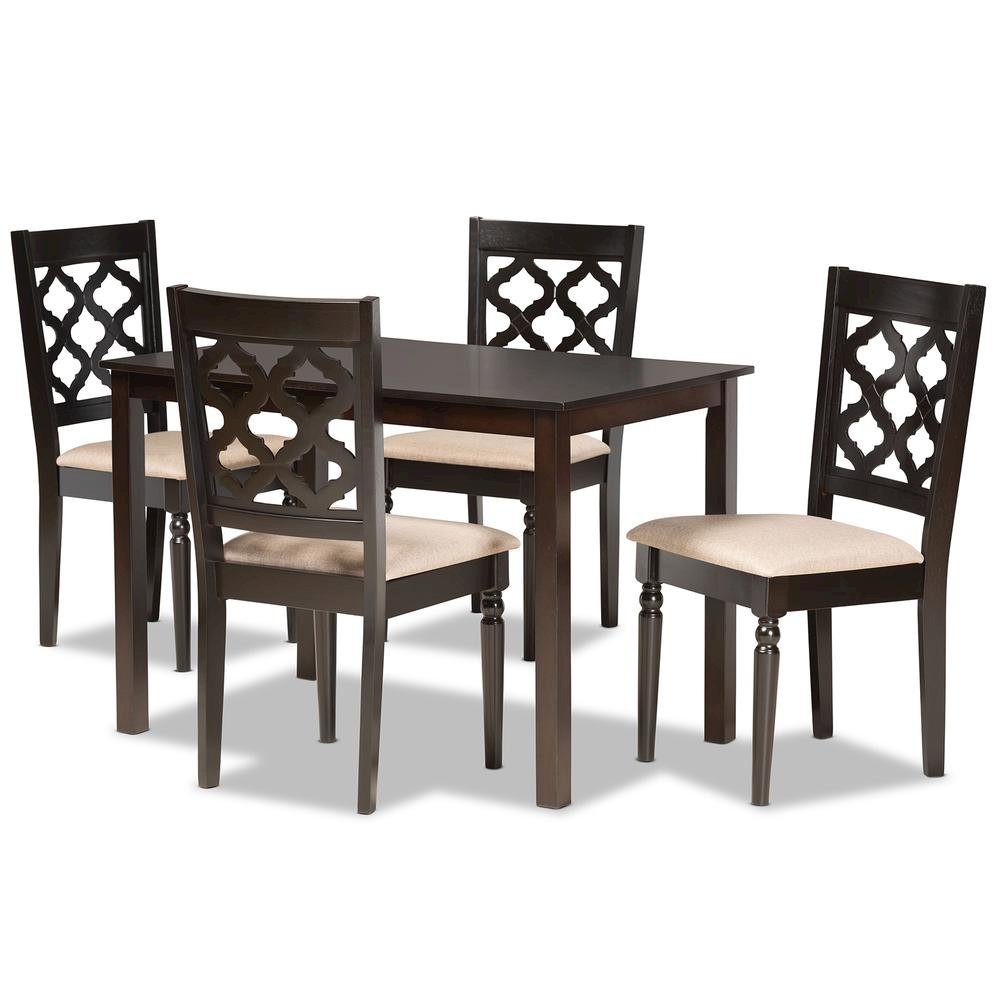 Sand Fabric Upholstered and Dark Brown Finished Wood 5-Piece Dining Set. Picture 10