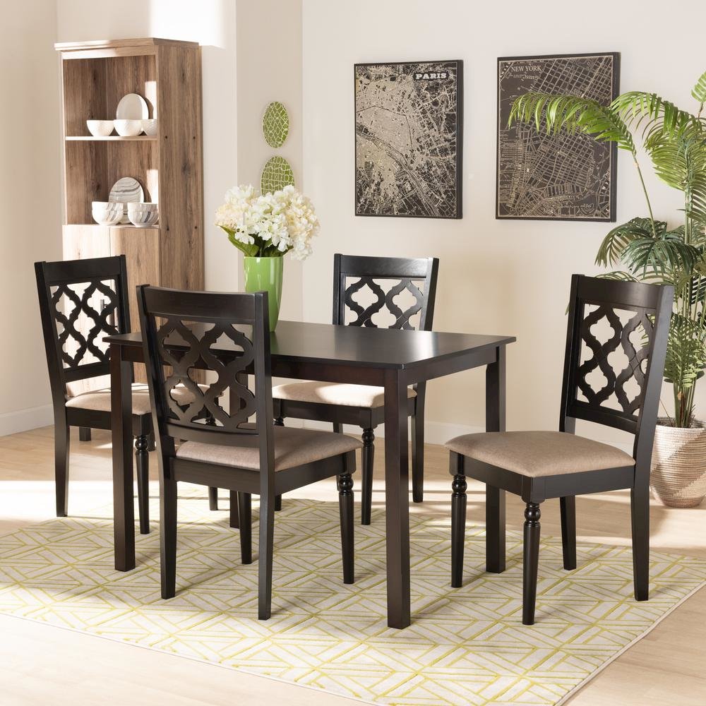 Sand Fabric Upholstered and Dark Brown Finished Wood 5-Piece Dining Set. Picture 16