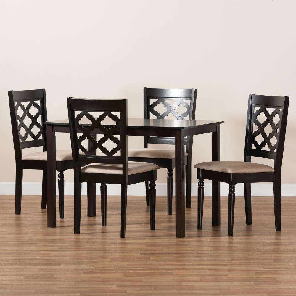 Sand Fabric Upholstered and Dark Brown Finished Wood 5-Piece Dining Set. Picture 17