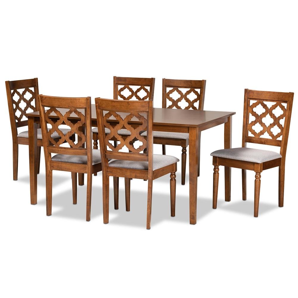 Grey Fabric Upholstered and Walnut Brown Finished Wood 7-Piece Dining Set. Picture 10