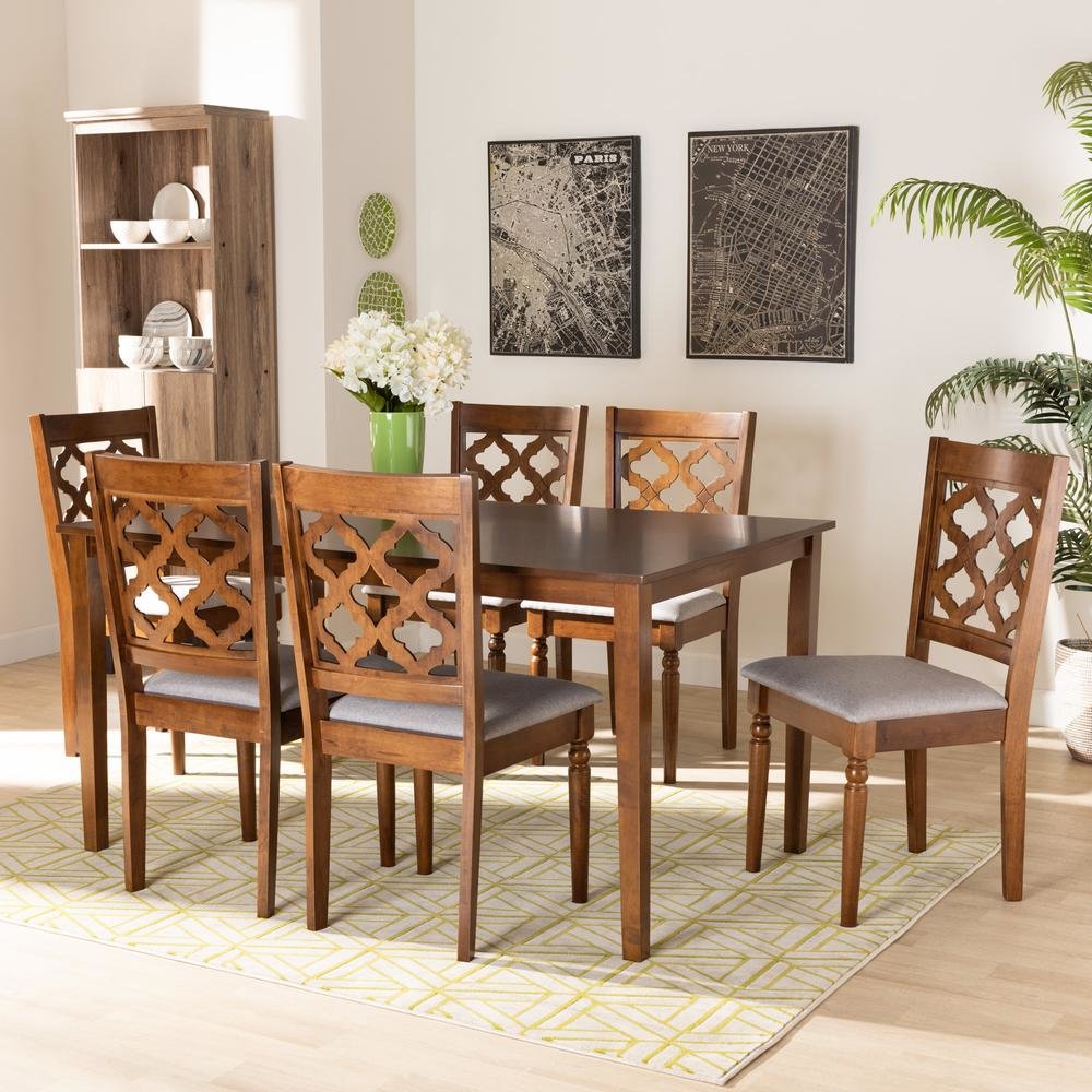 Grey Fabric Upholstered and Walnut Brown Finished Wood 7-Piece Dining Set. Picture 16