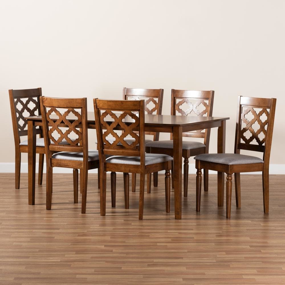 Grey Fabric Upholstered and Walnut Brown Finished Wood 7-Piece Dining Set. Picture 17