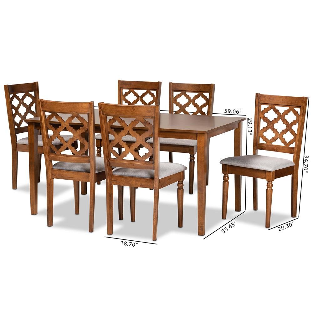 Grey Fabric Upholstered and Walnut Brown Finished Wood 7-Piece Dining Set. Picture 18