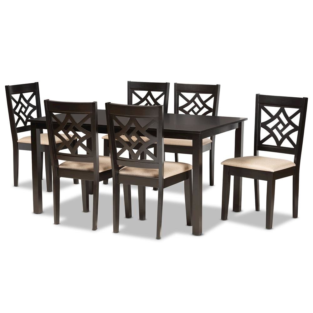 Sand Fabric Upholstered and Dark Brown Finished Wood 7-Piece Dining Set. Picture 10