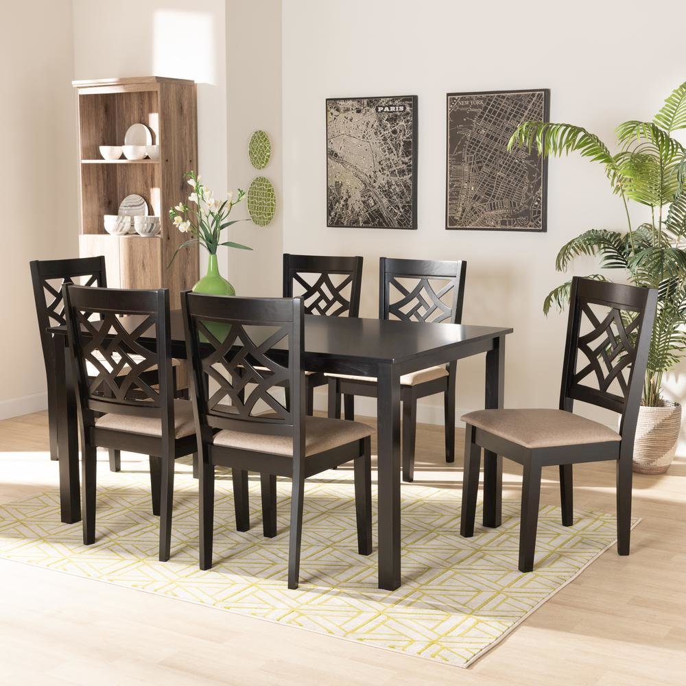 Sand Fabric Upholstered and Dark Brown Finished Wood 7-Piece Dining Set. Picture 16