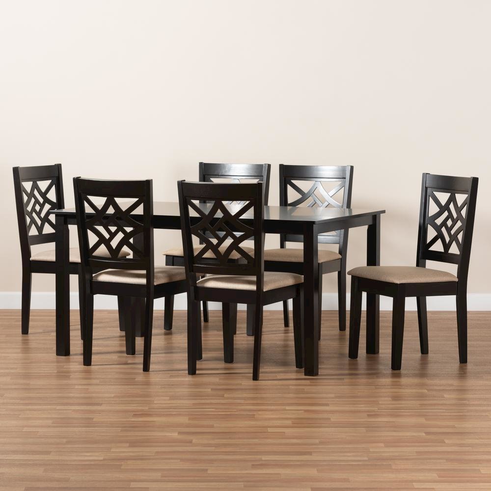 Sand Fabric Upholstered and Dark Brown Finished Wood 7-Piece Dining Set. Picture 17