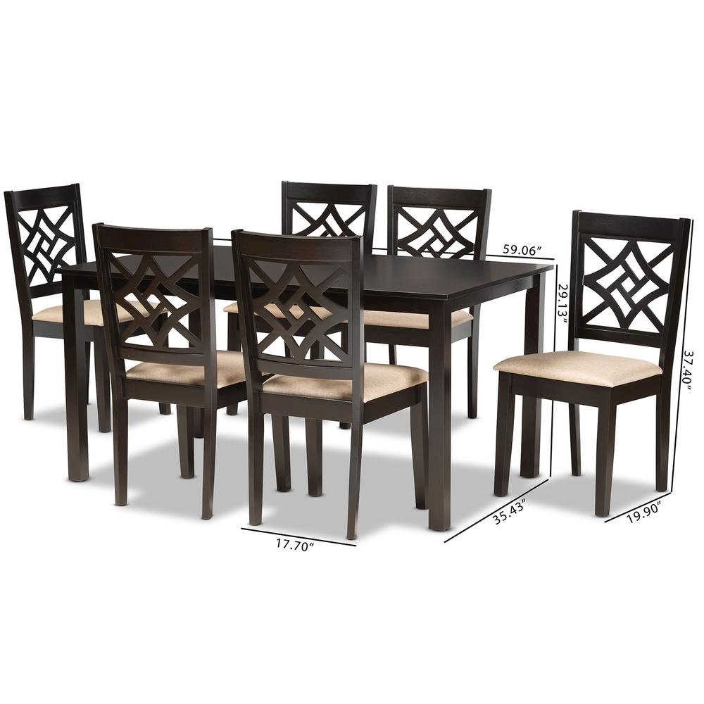 Sand Fabric Upholstered and Dark Brown Finished Wood 7-Piece Dining Set. Picture 18