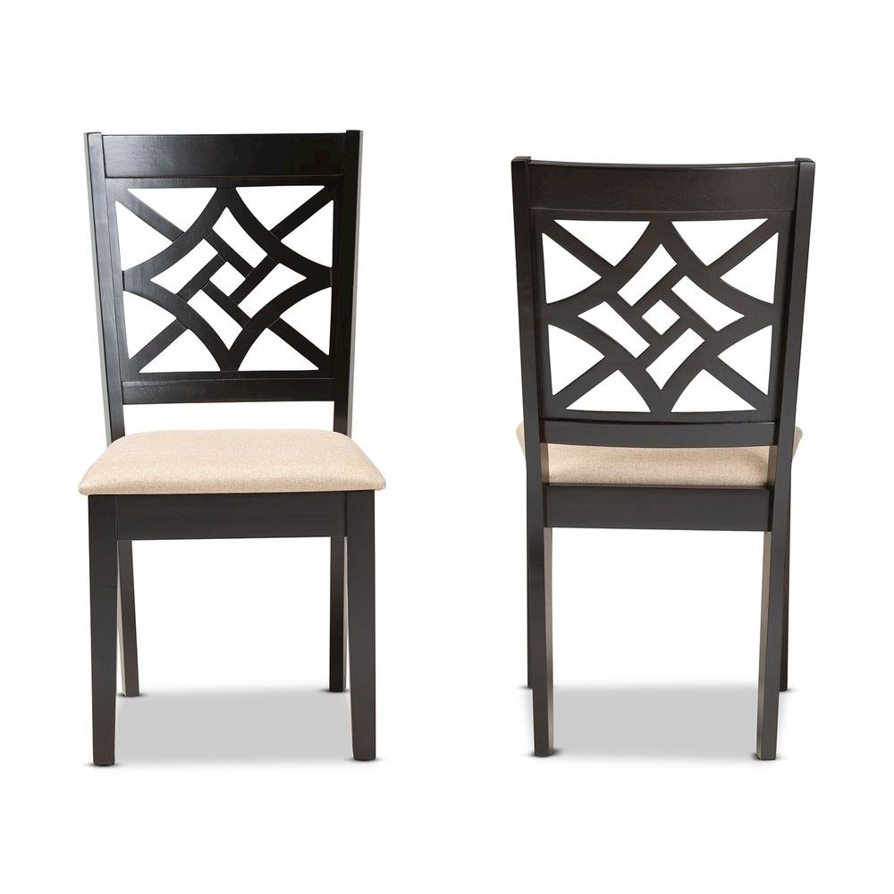 Sand Fabric Upholstered and Dark Brown Finished Wood 2-Piece Dining Chair Set. Picture 10