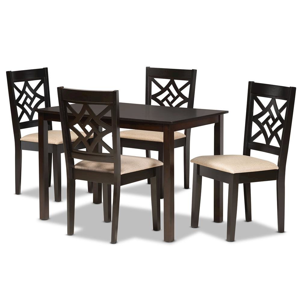 Sand Fabric Upholstered and Dark Brown Finished Wood 5-Piece Dining Set. Picture 10
