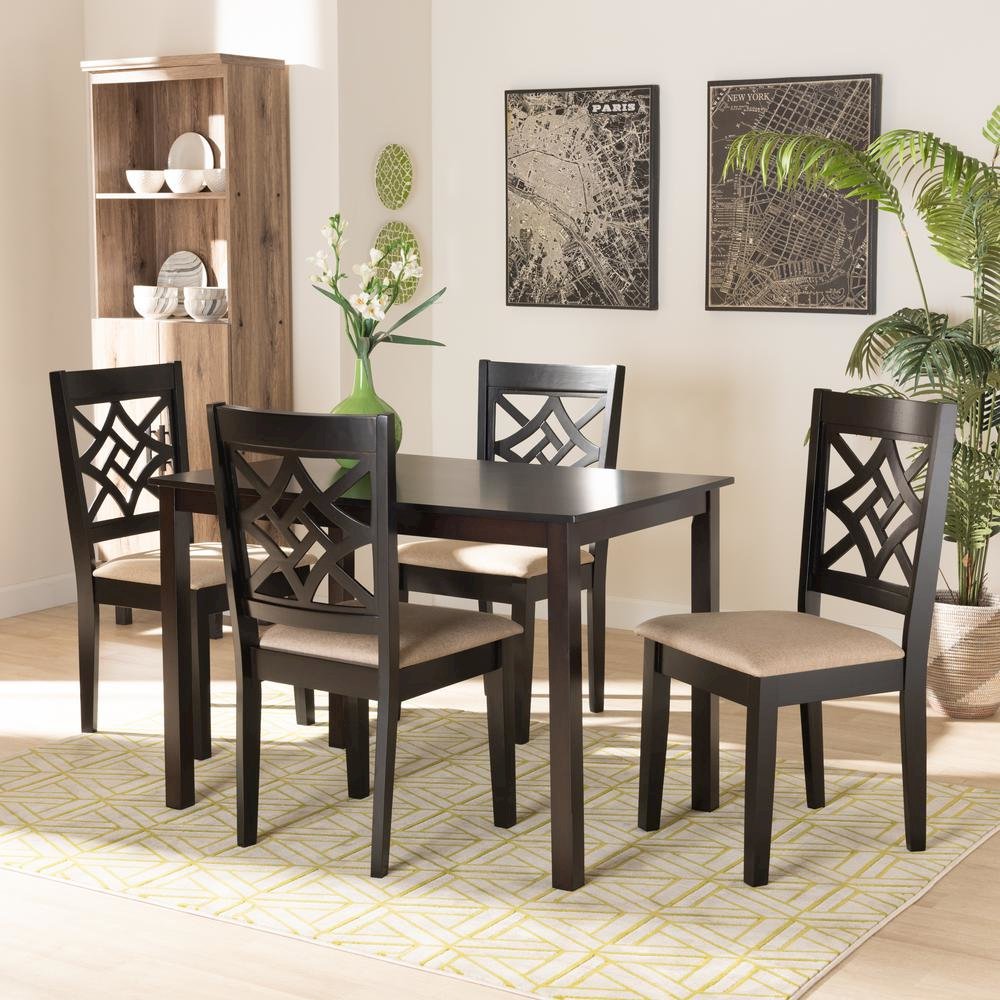Sand Fabric Upholstered and Dark Brown Finished Wood 5-Piece Dining Set. Picture 16