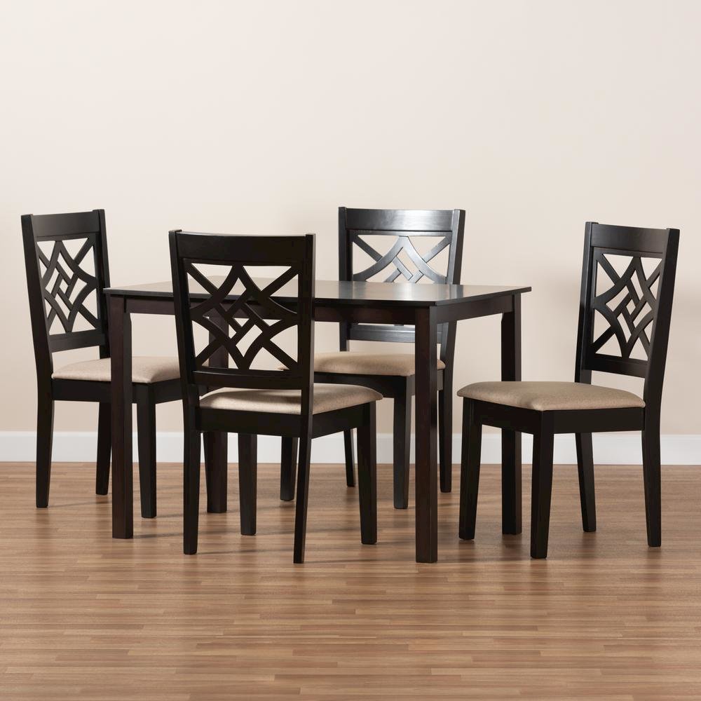 Sand Fabric Upholstered and Dark Brown Finished Wood 5-Piece Dining Set. Picture 17