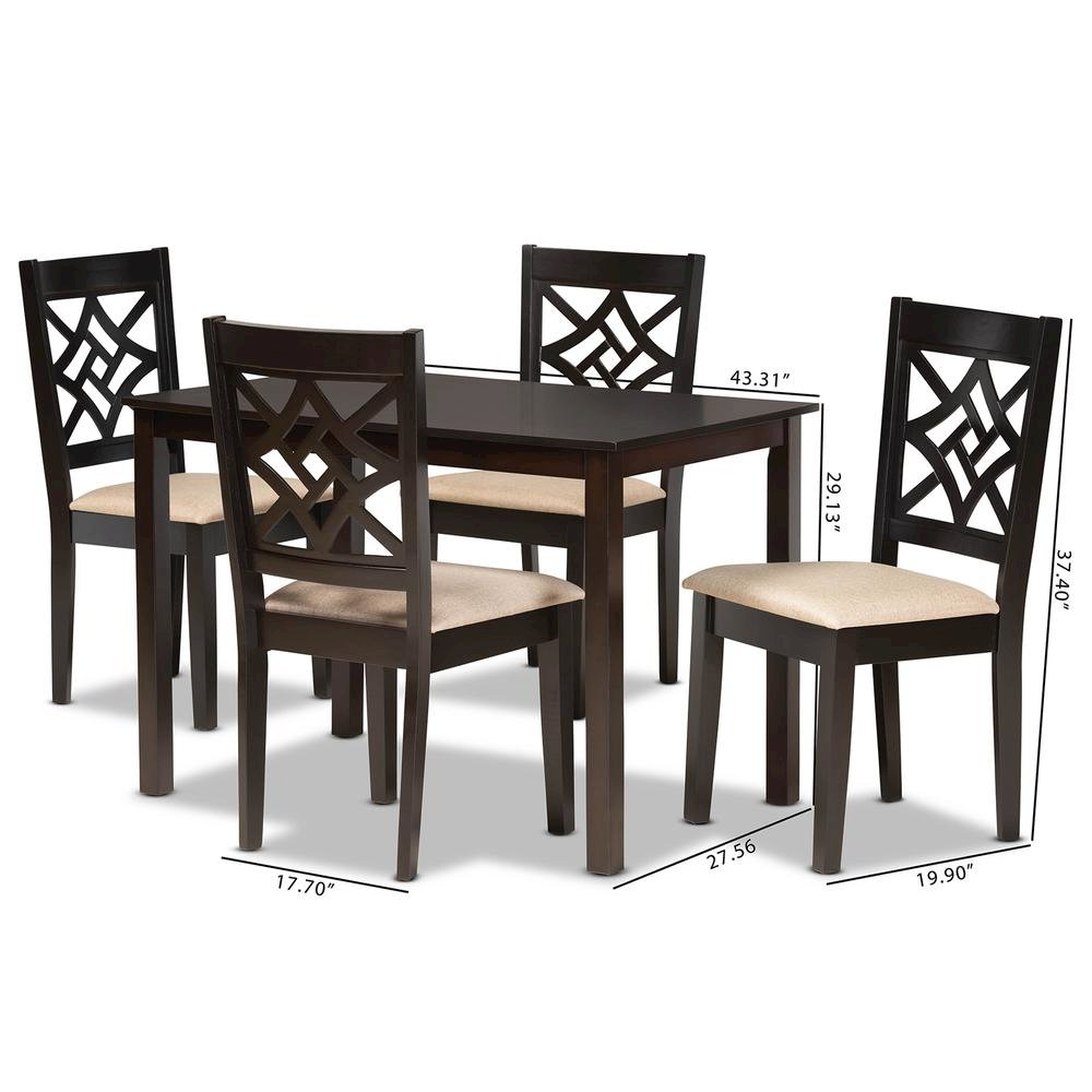 Sand Fabric Upholstered and Dark Brown Finished Wood 5-Piece Dining Set. Picture 18