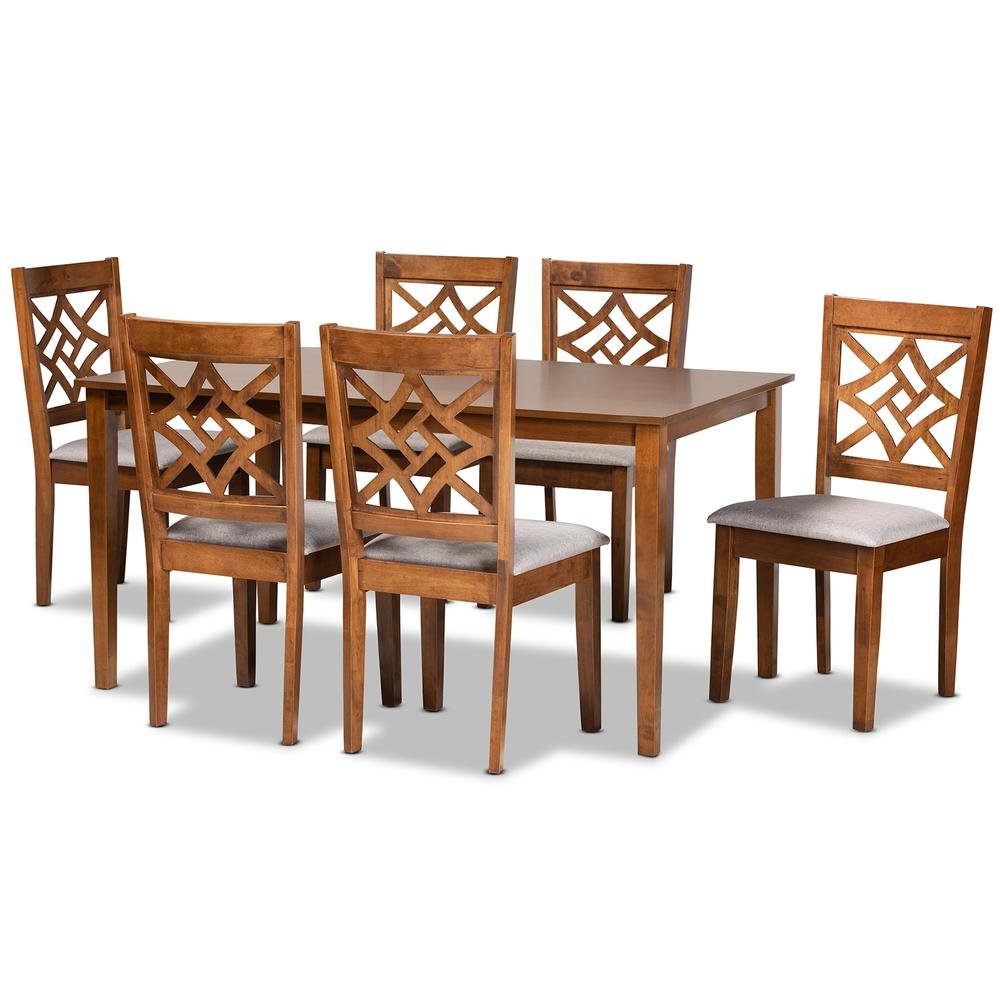 Grey Fabric Upholstered and Walnut Brown Finished Wood 7-Piece Dining Set. Picture 10