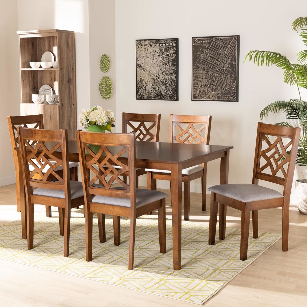 Grey Fabric Upholstered and Walnut Brown Finished Wood 7-Piece Dining Set. Picture 16