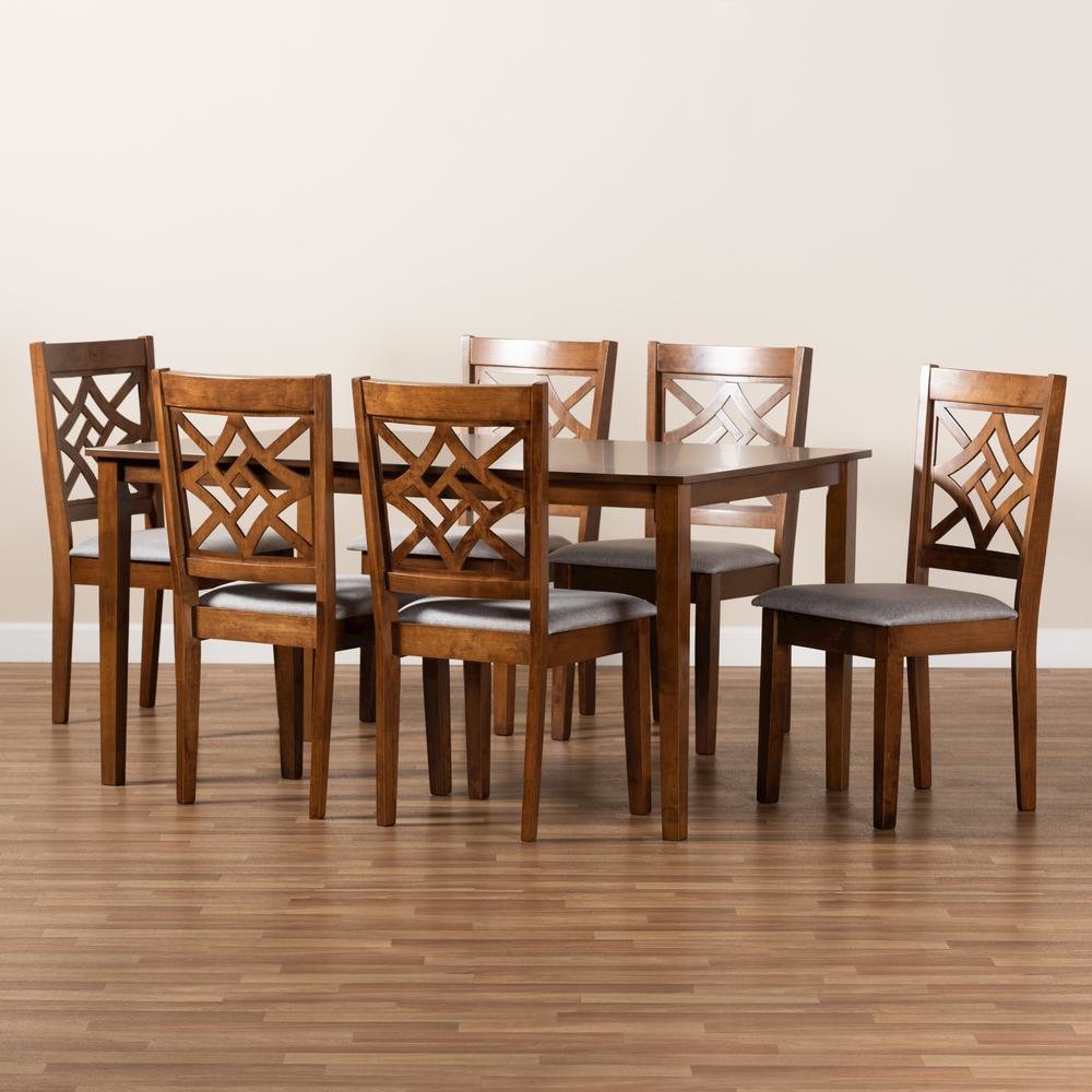 Grey Fabric Upholstered and Walnut Brown Finished Wood 7-Piece Dining Set. Picture 17