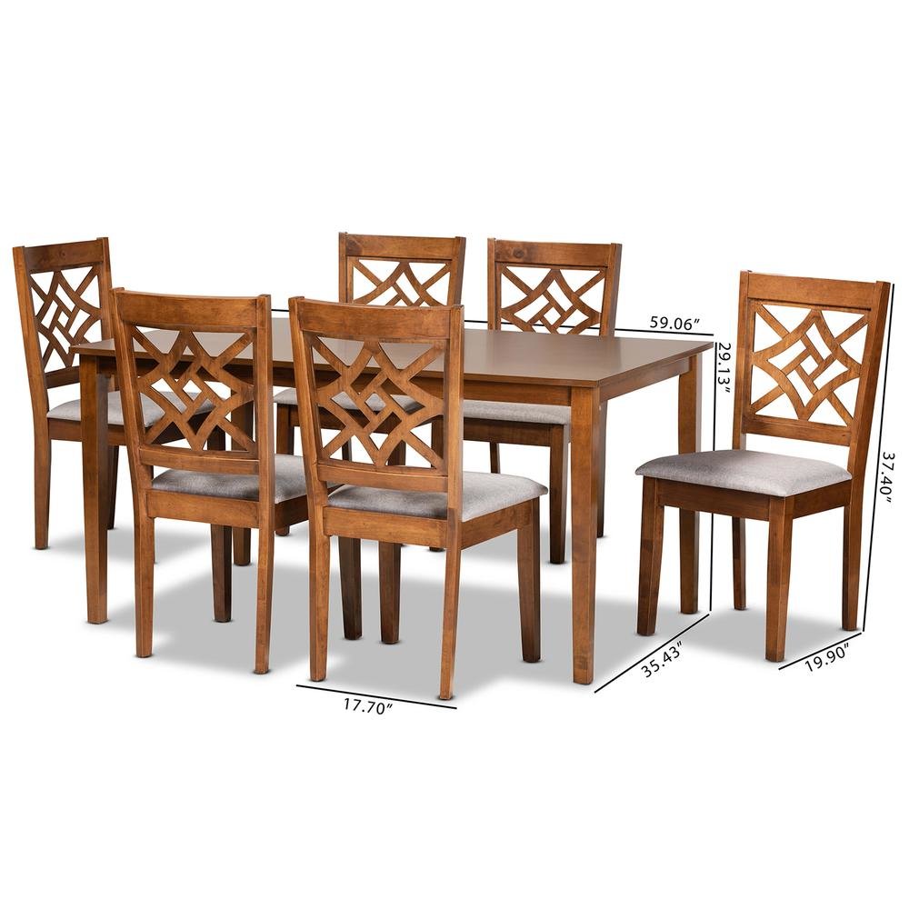 Grey Fabric Upholstered and Walnut Brown Finished Wood 7-Piece Dining Set. Picture 18