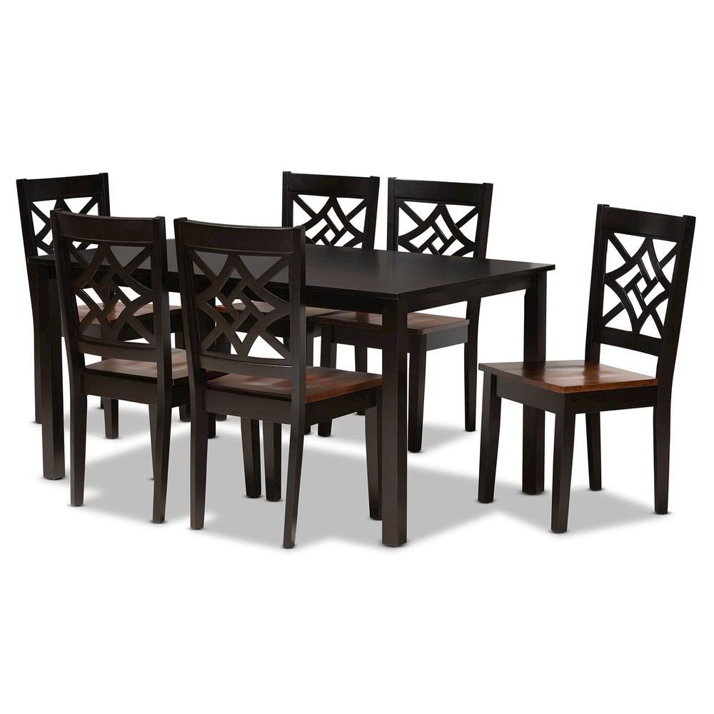 Two-Tone Dark Brown and Walnut Brown Finished Wood 7-Piece Dining Set. Picture 10