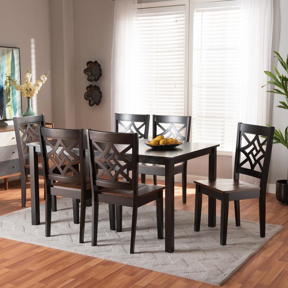 Two-Tone Dark Brown and Walnut Brown Finished Wood 7-Piece Dining Set. Picture 16
